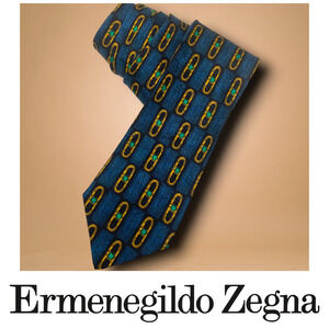 Vintage 90s Ermenegildo Zegna Necktie Silk Tie Blue Geometric Modernist Designer